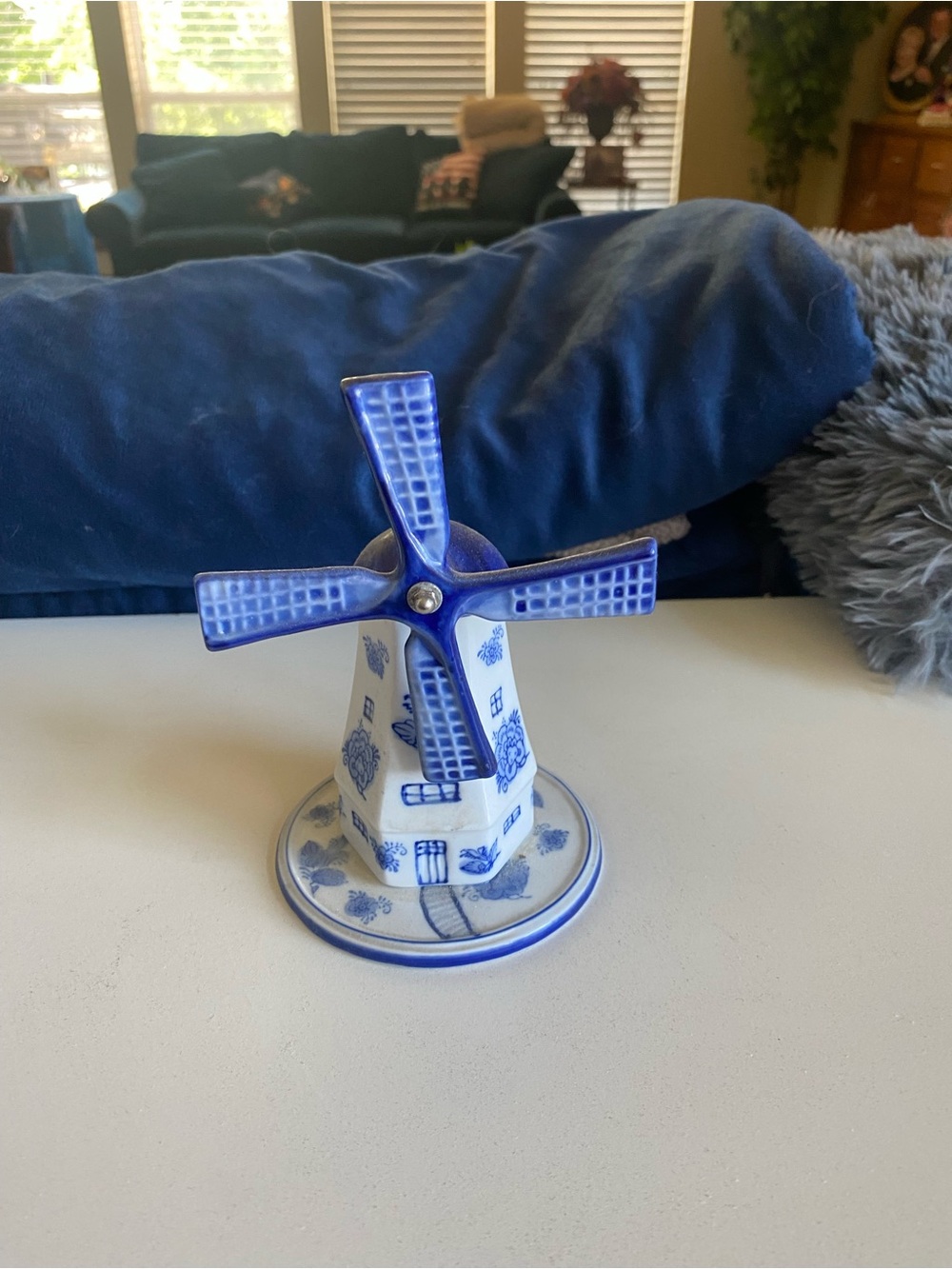 Blue and White Ceramic Windmill Figurine - Decorative Home Accent